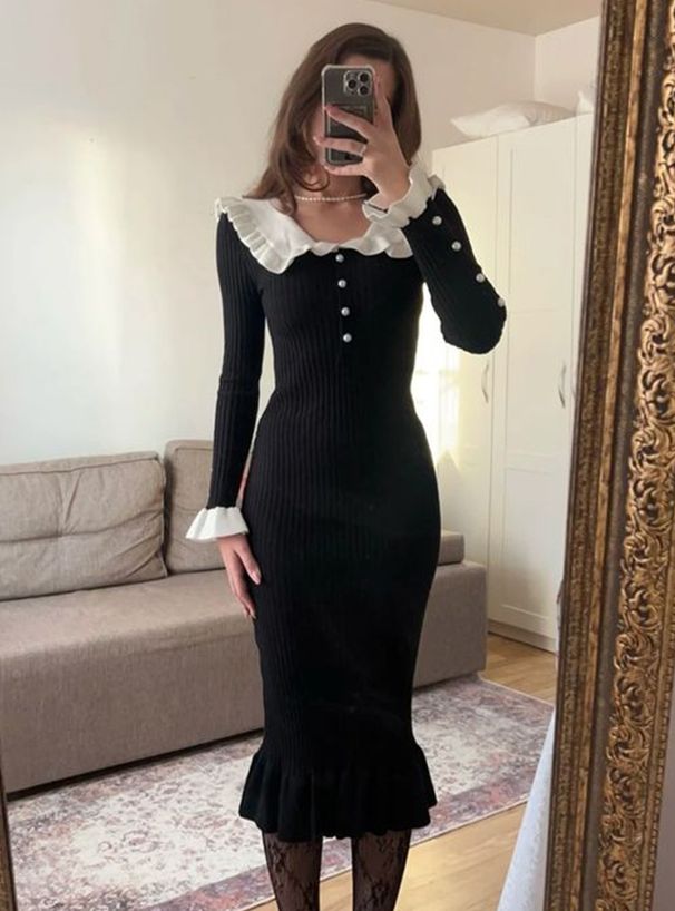 K New Style Dress With A Slim-fitting, Temperament-enhancing, Knitted Midi Dress With Lotus Leaf Hem._ecoleips.com
