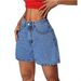 Classic Blue Denim Shorts For Women - Mid-Rise Straight Leg Summer Shorts With Button Detail, Comfort Stretch_ecoleips.com