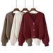 Women's V-Neck Cable Knit Cardigan – Soft & Cozy Oversized Sweater (Camel/White/Rouge, One Size Fits Most)_ecoleips.com