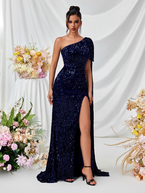 Women's Clothing New Party Evening Dress Party Sequin One Shoulder Slit Dress Evening Dress_ecoleips.com