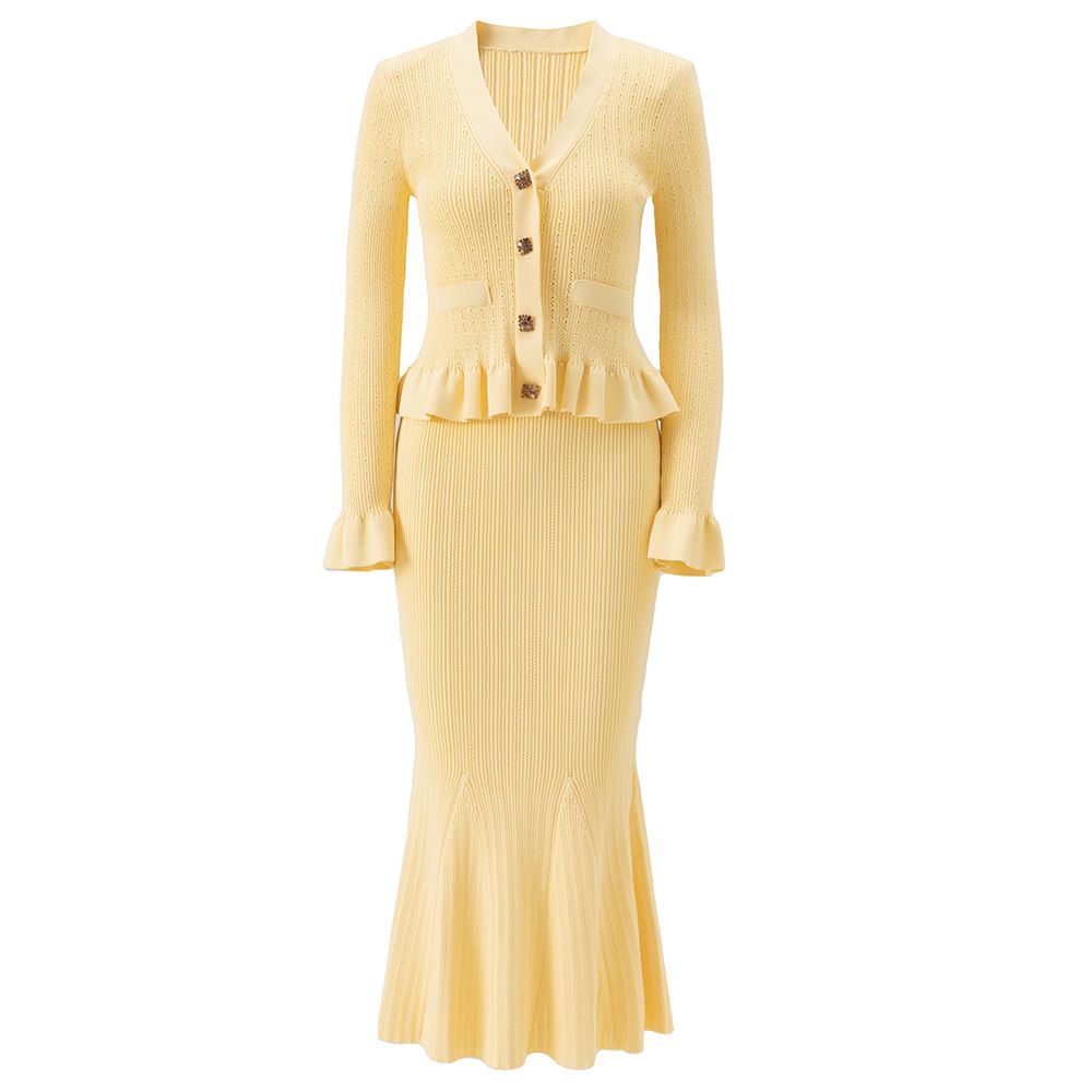 Women's Clothing Bright Yellow Fashion Fishtail Skirt Long Sleeve V Neck Two Piece Set Spring Autumn Style Trendy Women's Clothing_ecoleips.com