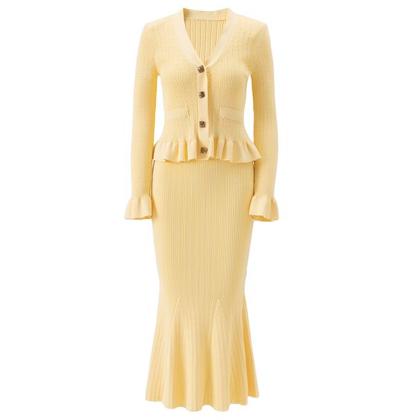 Women's Clothing Bright Yellow Fashion Fishtail Skirt Long Sleeve V Neck Two Piece Set Spring Autumn Style Trendy Women's Clothing_ecoleips.com