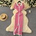 Women's Clothing Retro Celebrity Contrast Color Lapel Single Breasted Start Striped Knitted Dress Female Slim Long Skirt_ecoleips.com