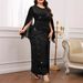 Elegant Plus Size Evening Dress With Silver Foil Accents & Cape Sleeves For Women – A-Line Long Dress In Black (Sizes 0XL-5XL)_ecoleips.com