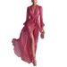 Women's Clothing Women's V Neck Dress Slit Waist Cinching Long Sleeve Flowy Solid Color For Formal & Casual For Women_ecoleips.com
