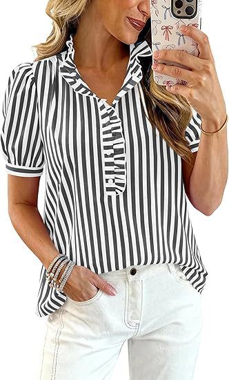 Women's Summer V-Neck Blouse With Ruffles, Bubble Sleeves, Button Detail, Striped & Checkered Casual Shirt_ecoleips.com