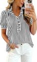 Women's Summer V-Neck Blouse With Ruffles, Bubble Sleeves, Button Detail, Striped & Checkered Casual Shirt_ecoleips.com