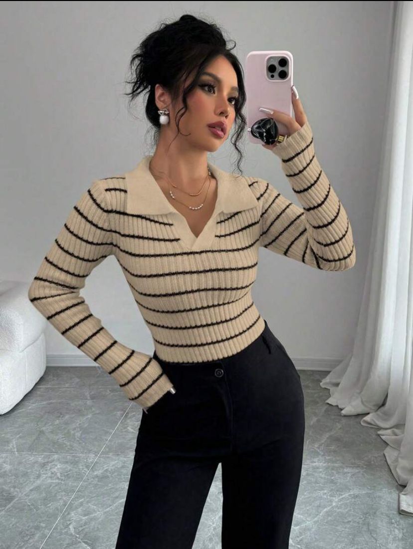 Women's American Style Striped Long Sleeve T-Shirt Slim Fit Knitted Base Layer Top for Europe And America_ecoleips.com