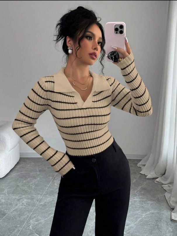 Women's American Style Striped Long Sleeve T-Shirt Slim Fit Knitted Base Layer Top for Europe And America_ecoleips.com