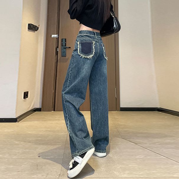 Women's Clothing High-Waisted Wide Leg Jeans Color-Block Pockets Loose Fitting Straight Leg Frayed Edges Petite Floor-Length Design_ecoleips.com