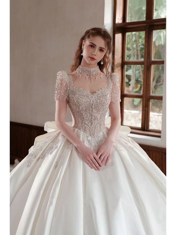 French Satin plus Size Wedding Dress for Petite Brides with Long Train High-End Heavy Duty New 2025 Style D106_ecoleips.com