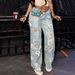 Women's Clothing Spring New Floral Graffiti Print Hole High Waist Loose Straight Jeans_ecoleips.com