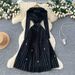 Commuter Style Lapel Beaded Long Sleeved Dress, Fitted Waist Pleated Skirt, High End Elegant And Gentle Long Dress._ecoleips.com