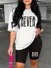 Summer Women's Casual Fashion NEVER Give Up Letter Printed Loose T-shirt Shorts Two-piece Set Summer Sportswear Suitable For Daily Wear-174_ecoleips.com