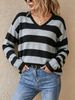 Black Grey Stripe Pit Rib Knit Top, Loose V Neck Lightweight Breathable Soft Skin-touch Long Sleeve Jumper_ecoleips.com