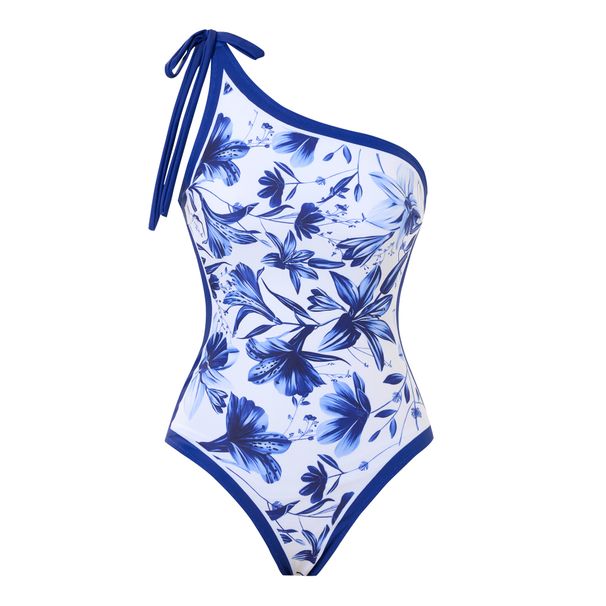 Women's Clothing New Fashion Sexy Swimsuit Female One Piece Triangle Oblique Shoulder Polyester Printed Lace Up Swimsuit_ecoleips.com