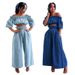 Women's Clothing One Shoulder Navel Baring Top Short Sleeved Wide Leg Solid Color Denim Suit For Women_ecoleips.com