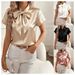 Women's Solid Color Satin Shirt with Bow Spring/Summer Short Sleeve Elegant Fashion Blouse for Ladies Regular Fit_ecoleips.com