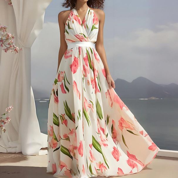 Women's Clothing Fashion Sling Print Beach Holiday Style Dress Female_ecoleips.com