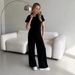 Women's Slimming Collar Pullover Top With Wide Leg Trousers Knit Fashion Set Solid Color Short Sleeve Sportswear_ecoleips.com
