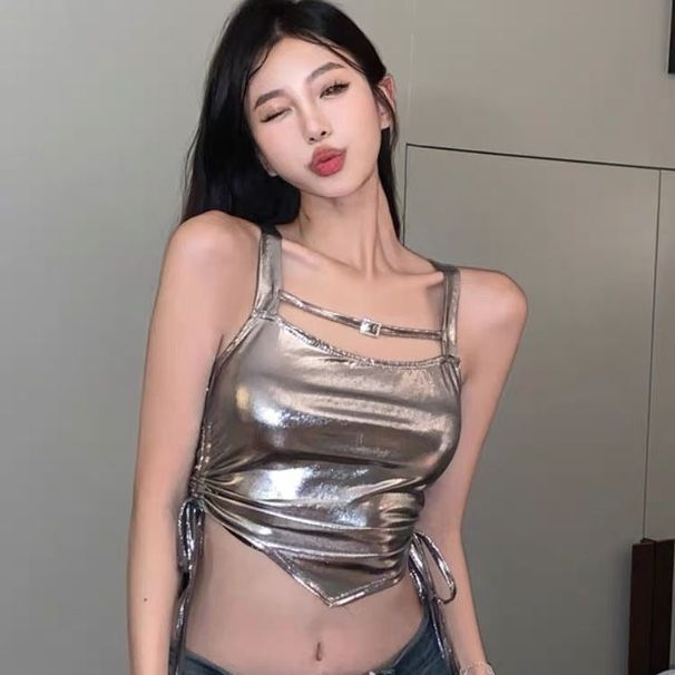 ng2510292 Sweet And Cool Hot Girl Silver Shiny Camisole Women, Short Design, Unique Irregular Drawstring Sleeveless Top For_ecoleips.com