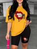 Summer Women's Casual Fashion Lip Print Lipstick Letter Graphic Print Loose T-shirt Shorts Two-piece Set Summer Sportswear Suitable For Daily Wear-163_ecoleips.com