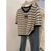 Women's Hong Kong Style Korean Style Knit Top Black And White Striped Short Sleeve Hollowed Out Round Neck Loose Slimming Short Top For New Spring_ecoleips.com
