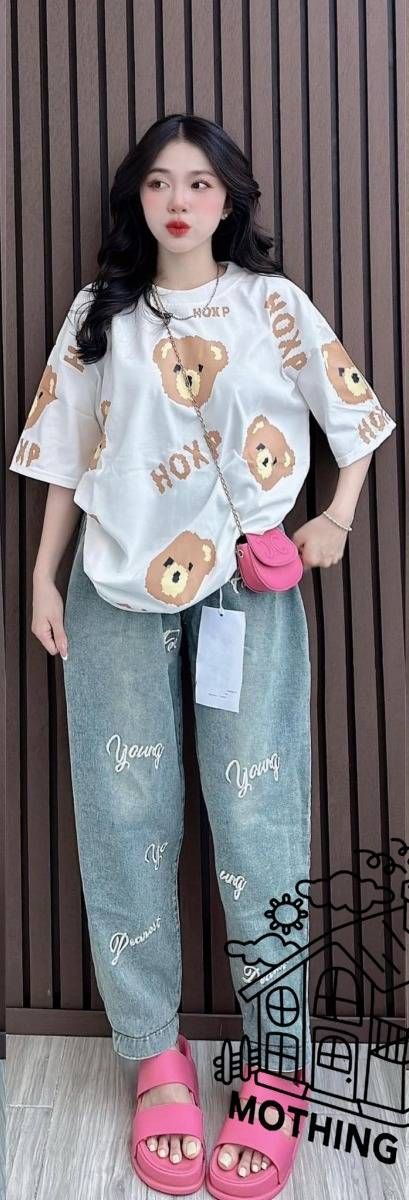 Bear Print Short Sleeve & Faux Denim Print Pants Set - Loose Fit Two Piece Outfit For Women Comfortable Loose Fit_ecoleips.com