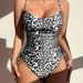 Black White Leopard Print One Piece Swimsuit Women Spaghetti Strap Ruched Side Drawstring High Cut Tummy Control Bathing Suit Beach Swimwear_ecoleips.com