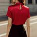 Independent Women's Slim Fit Solid Color Satin Short Sleeve Shirt Casual Comfortable Blouse_ecoleips.com