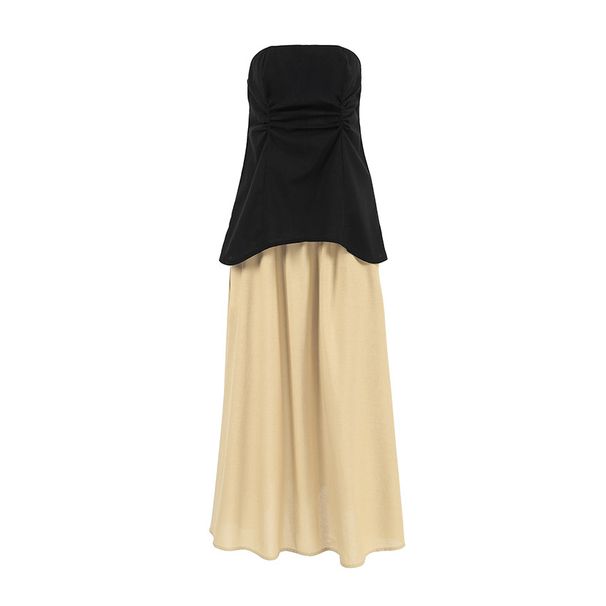 Women's Clothing New Arrivals Contrast Color Hot Sleeveless Cotton And Linen Sexy Tube Top Slimming Mid Waist Pleated Two Piece Set For Women_ecoleips.com