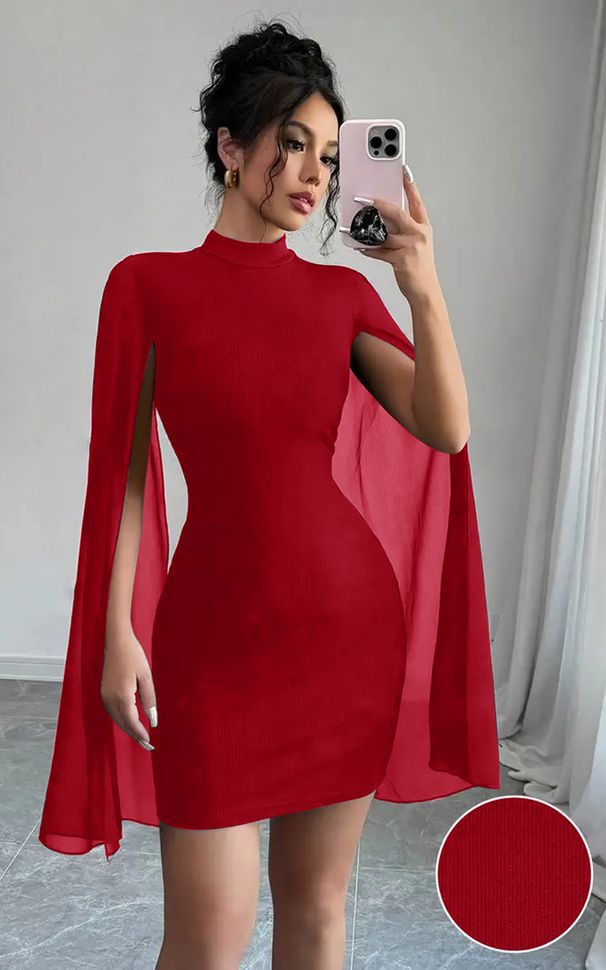 Women's Clothing Women's Round Neck Ribbed Chiffon Cape Dress Style Hip Dress For Formal & Casual For Women_ecoleips.com