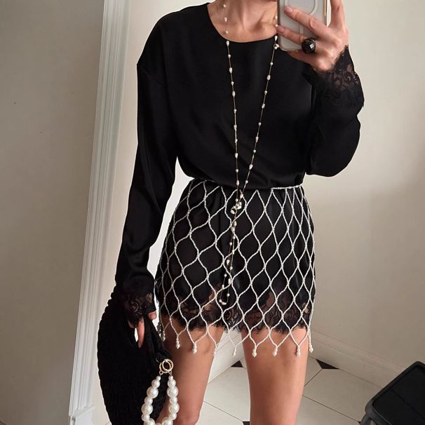 Elegant Round Neck Lace Trim Asymmetrical Long Sleeve T-Shirt For Women – Breathable Polyester Blend, Office & Casual Wear (Blue/White, S-2xl)_ecoleips.com