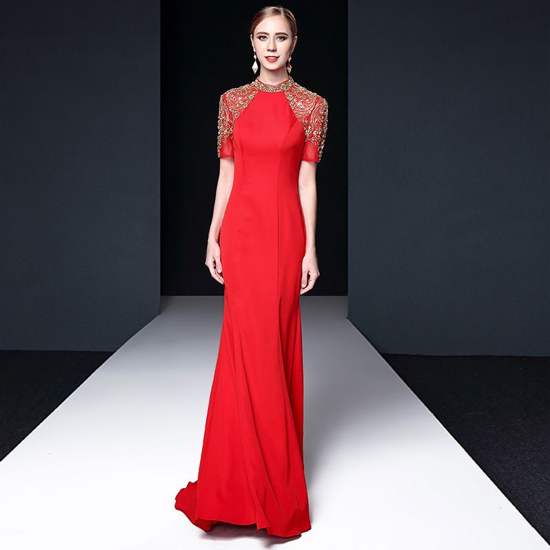 Red Slimming Evening Gown Elegant Banquet Dress for Women Spring 2026 Style Suitable for Chorus Hosts And Performances_ecoleips.com