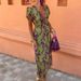 Women's Fashion Pleated Printed Long Dress, Slim Fit V-Neck Dress For Women_ecoleips.com