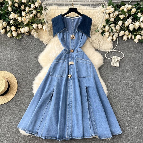 Women's Clothing Sleeveless Sundress Woman Scheming Cutout Waist Slim Long Retro Denim Dress Woman_ecoleips.com