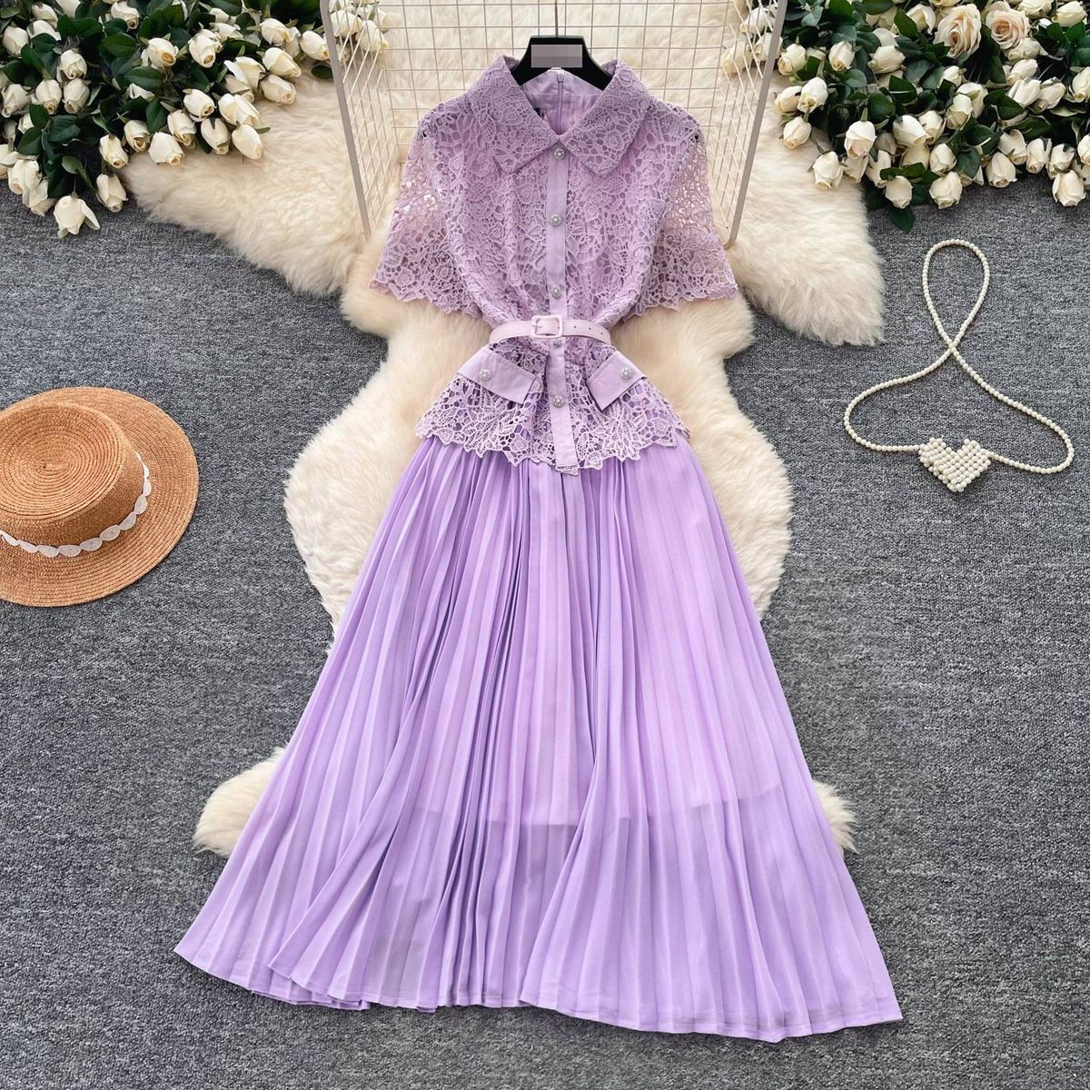 Elegant A-Line Dress Lace Trim Slimming Pleated Long Skirt Casual Professional Summer Dress For Women_ecoleips.com