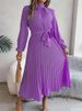 Elegant Stand Collar Full Sleeve Closed Waist Pleated Dress Women Autumn Winter Long Dress_ecoleips.com