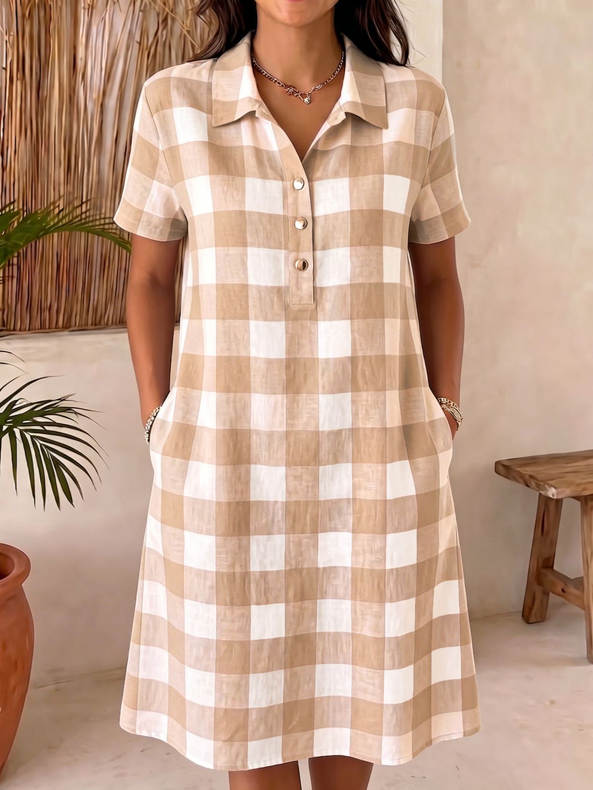 Women's Summer Plaid Print Shirt Dress Casual Loose Fit Short Sleeves European American Style Cross Border Fashion for Women_ecoleips.com