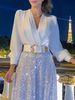 Women's Clothing Long Sleeved Elegant Waist Slimming Deep V Neck Wide Leg Pants Suit Does Not Include A Belt_ecoleips.com