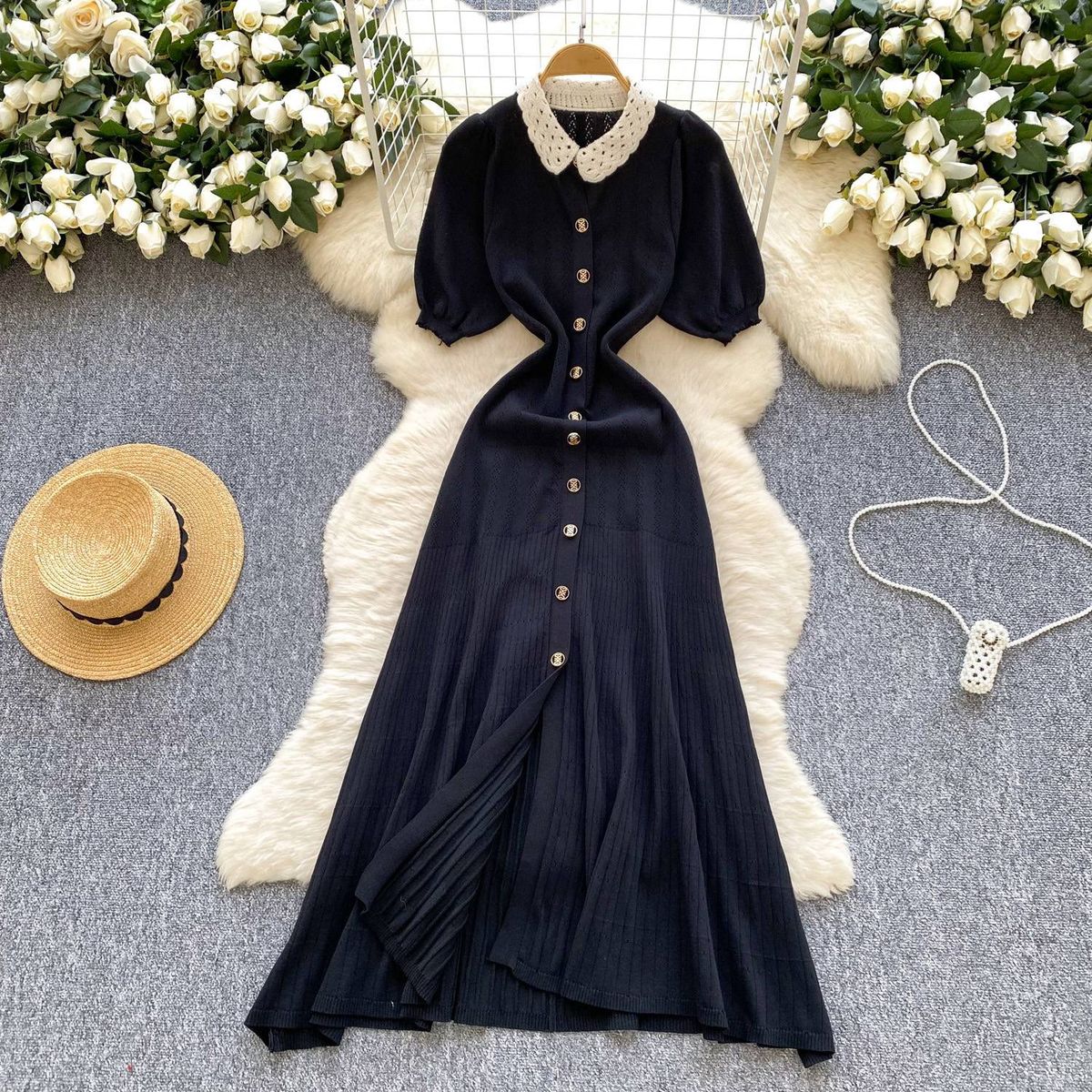 Women's Clothing Lace Collar Puff Sleeves Slim Fit Short Sleeves Knitted Dress Single Row Gold Button Long Skirt_ecoleips.com