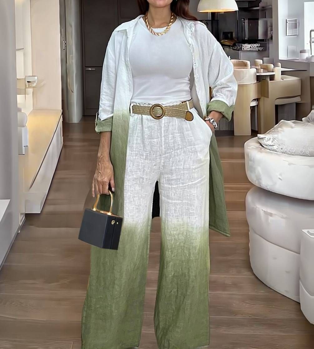 Women’s Gradient Dye Print Long Sleeve Shirt & High-Waist Wide Leg Pants Set – Stylish Two-Piece Outfit For Effortless Elegance_ecoleips.com