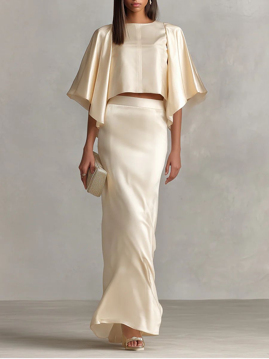 Elegant Satin Batwing Sleeve Long Dress Set For Women - Luxury European Style Spring Autumn Outfit (XS-XXL, Champagne)_ecoleips.com