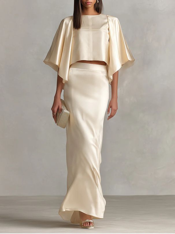 Elegant Satin Batwing Sleeve Long Dress Set For Women - Luxury European Style Spring Autumn Outfit (XS-XXL, Champagne)_ecoleips.com