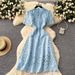 High End Women's Crochet Lace Dress Hollowed Out French Style Slim Waist Elegant Short Sleeved Long Summer Dress_ecoleips.com