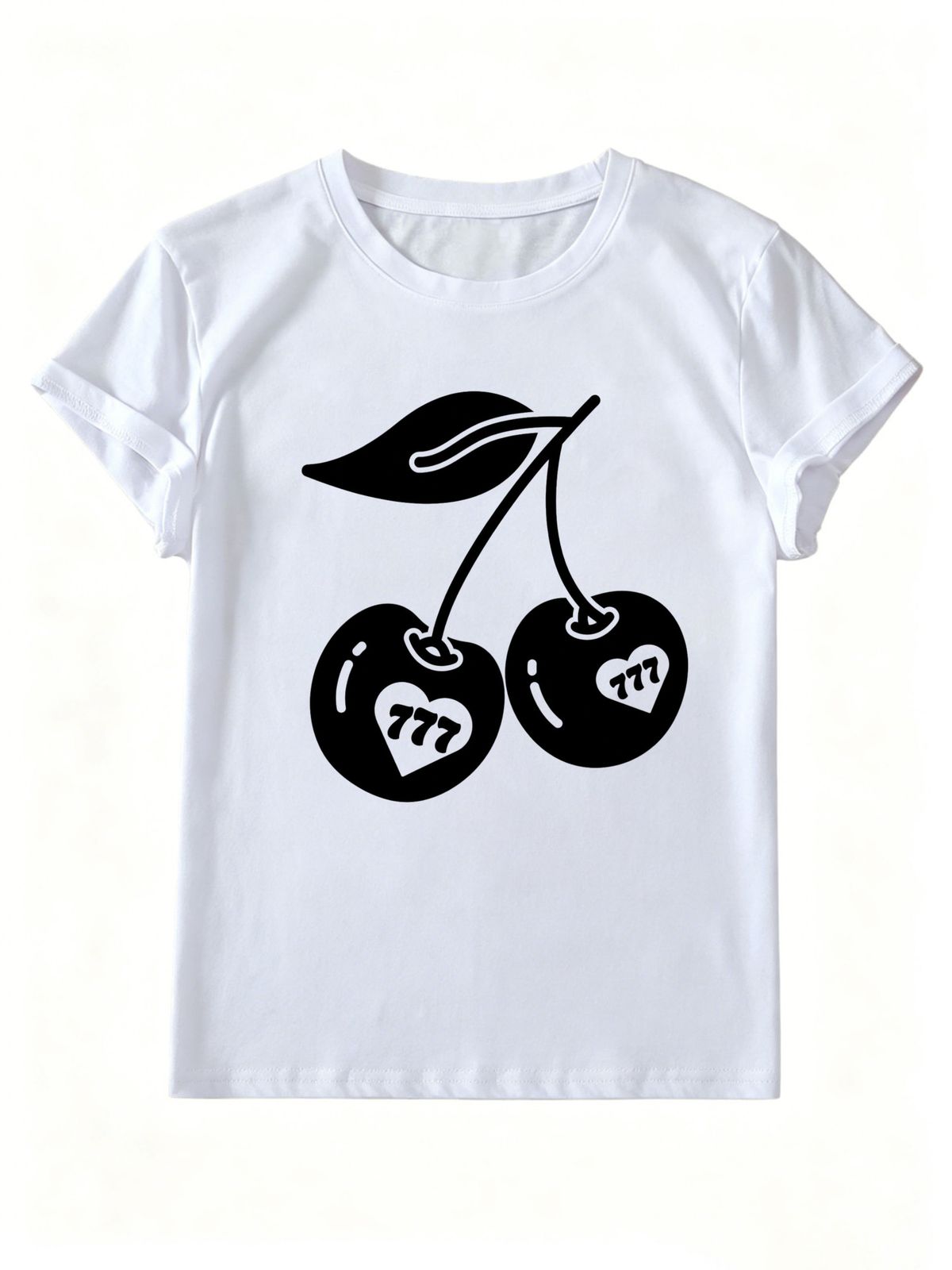 Women Crew Neck Short Sleeve T-Shirt, Cherry Heart Number 777 Graphic Loose Fit Casual Summer Basic Tee Tops_ecoleips.com
