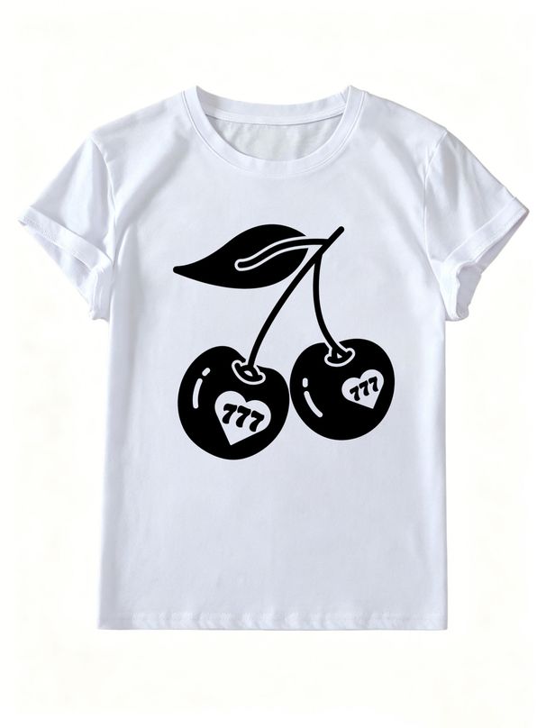 Women Crew Neck Short Sleeve T-Shirt, Cherry Heart Number 777 Graphic Loose Fit Casual Summer Basic Tee Tops_ecoleips.com