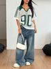 Women Lightweight Breathable Hollow Out Mesh Knit Polo Top, Vintage 90 Number Print Contrast Collar Short Sleeve Loose Casual Summer Knit Shirt_ecoleips.com