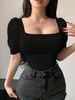 Women's Square Neck Puff Sleeve Shirt Summer Short Knitted Patchwork Top Pure Alluring Hot Style Clothing_ecoleips.com