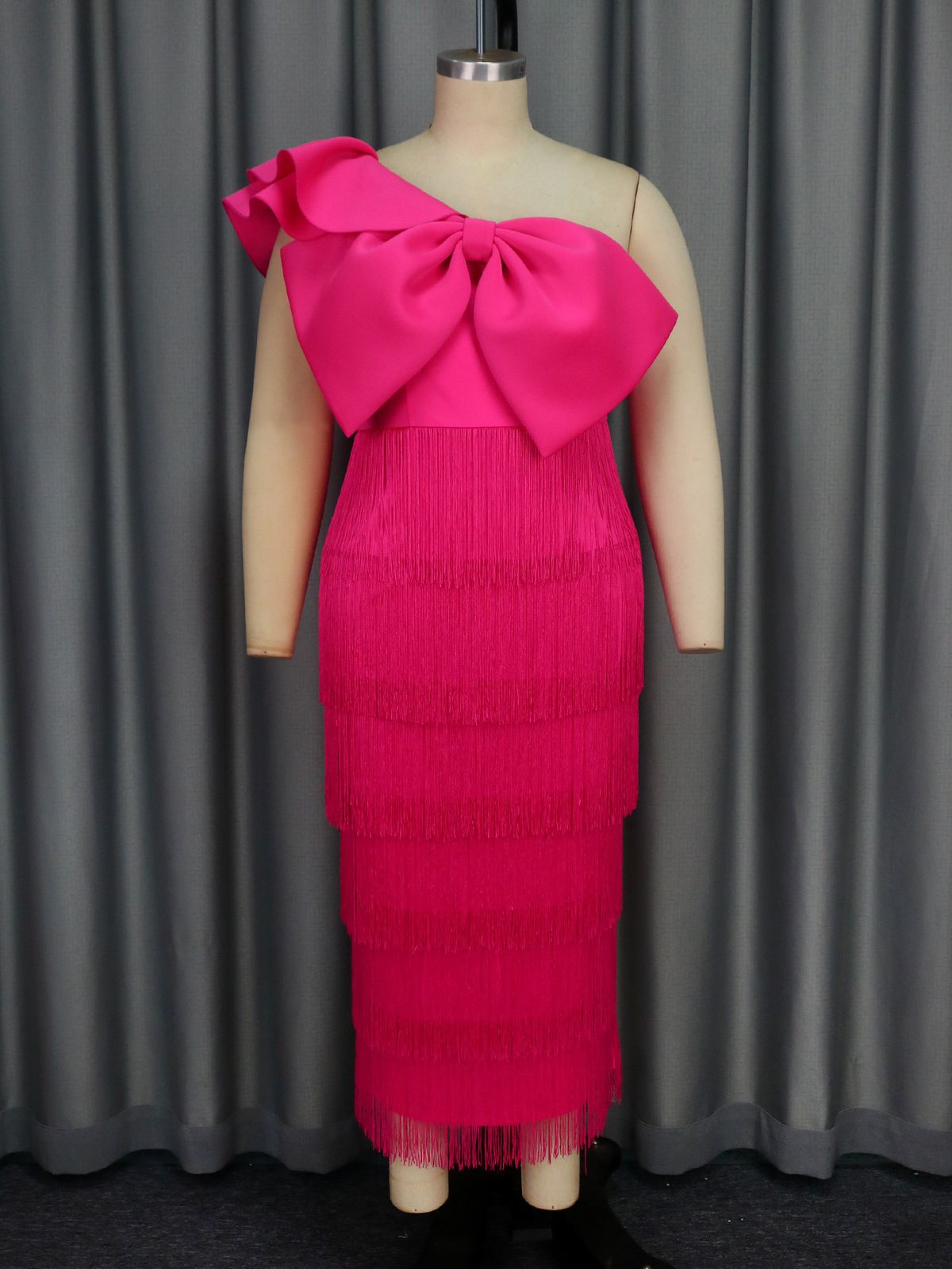 Women’s Clothing solid color hip fringe skirt party banquet oblique collar big bow dress dress_ecoleips.com